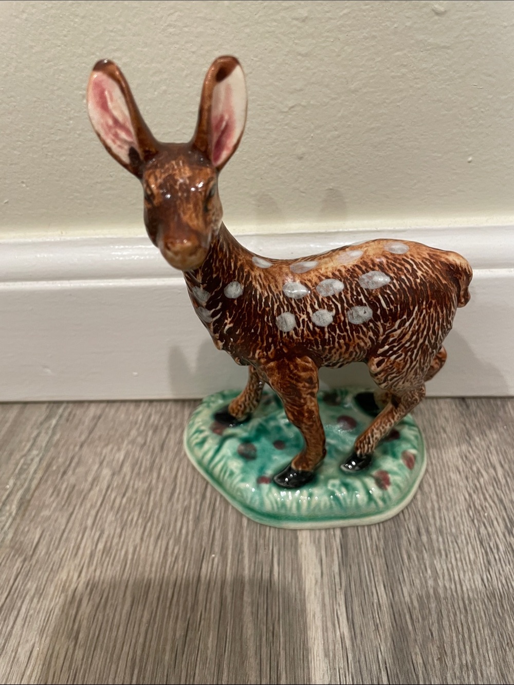 Lefton Brown and White Spotted Deer Figurine on Green Base